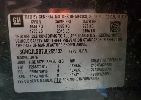 2018 Chevrolet Trax 1Lt from USA, damaged, VIN 3GNCJLSB7JL265133